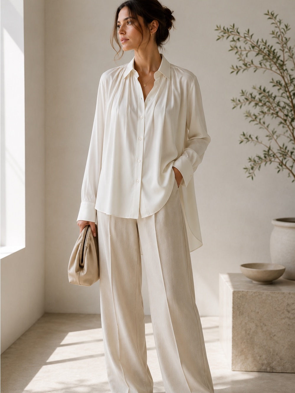 Matériel Tbilisi Silk Charmeuse Pleated Button Front Blouse Cream Oversized
